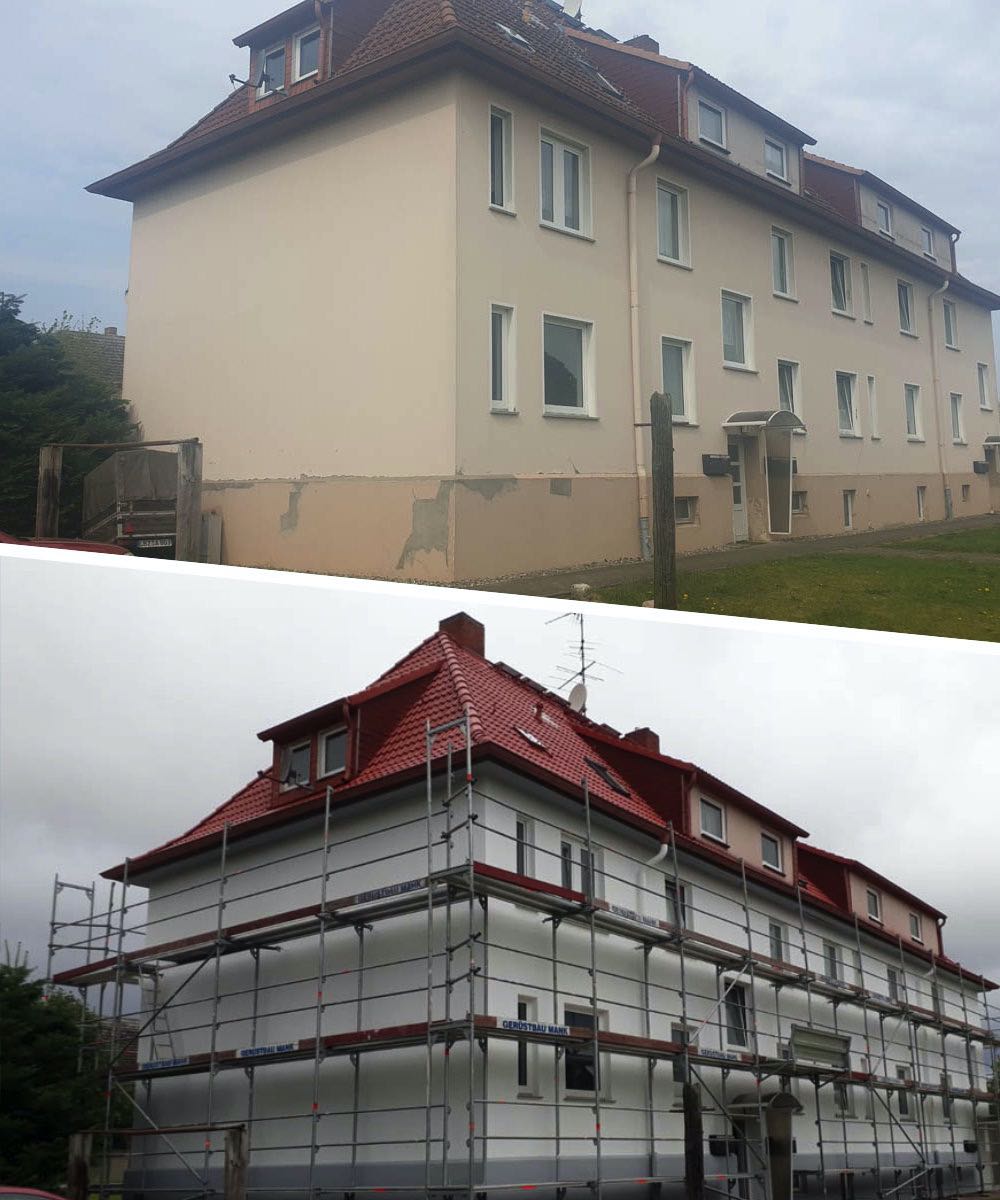 Dachreinigung und Dachbeschichtung, zudem Fassadenreinigung und -anstrich bei einem Mehrfamilienhaus in Plau am See - Dachprofis | Dachreinigung und Dachbeschichtung aus Rostock